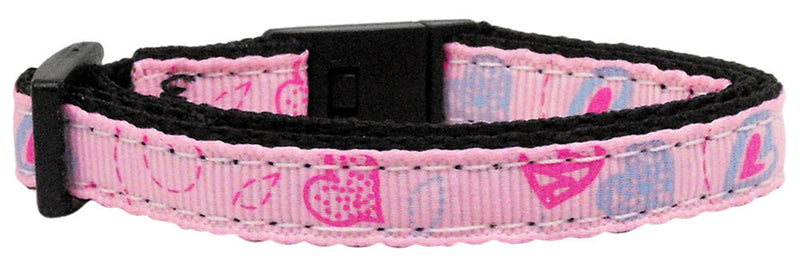 This 3/8" wide cat collar is made of durable nylon with a high quality ribbon overlay.  It includes a buckle specially designed to break away in the event that your cat becomes entangled while wearing it.