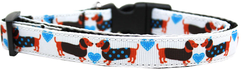 This 5/8" wide size medium narrow dog collar is made of durable nylon with a high quality ribbon overlay.  It is adjustable to fit a neck size from 10-18".