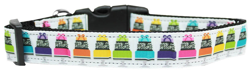 This 3/8" wide XS dog collar is made of durable nylon with a high quality ribbon overlay.  It is adjustable to fit a neck size from 6-10".