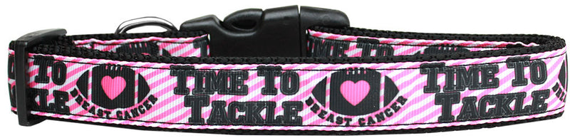 This 1" wide size large dog collar is made of durable nylon with a high quality ribbon overlay.  It is adjustable to fit a neck size from 18-26".