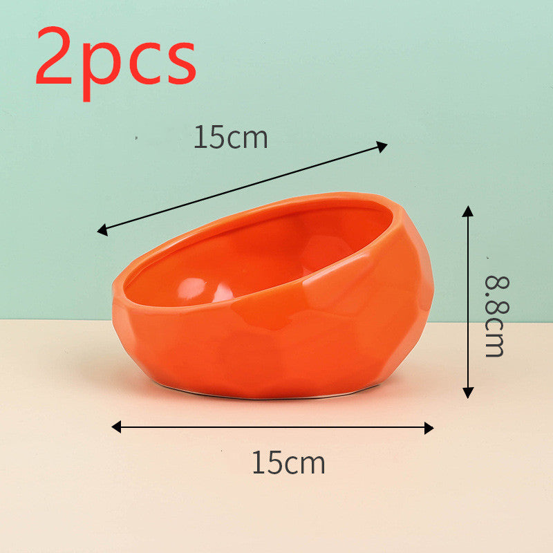 Color: Red2pcs - Pet Supplies Bowl Ceramic Cat Bowl Dog Bowl Oblique Mouth