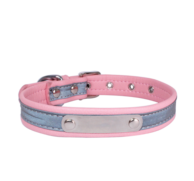 Color: Pink, Size: L - Pet collar stainless steel iron lettering anti-lost dog collar comfortable microfiber dog chain