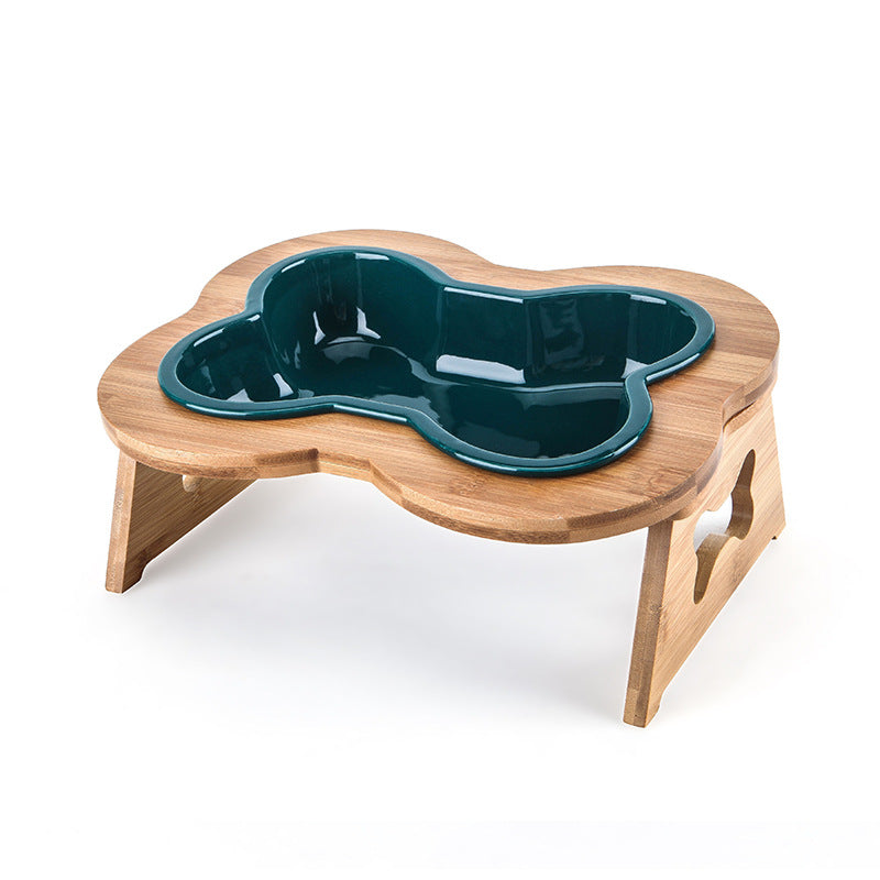 Color: Green, style: Bowl wooden stand - Anti-overturning Ceramic Protective Cervical Spine Large Pet Bowl