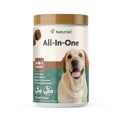 NaturVet All-in-One Dog Supplement - for Joint Support, Digestion, Skin, Coat Care – Dog Multivitamins with Minerals, Omega-3, 6, 9 – Wheat-Free Vitamins for Dogs – 13-Ounce Powder