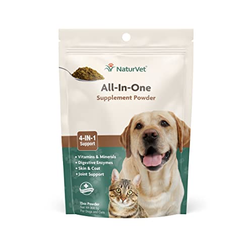 NaturVet All-in-One Dog Supplement - for Joint Support, Digestion, Skin, Coat Care – Dog Multivitamins with Minerals, Omega-3, 6, 9 – Wheat-Free Vitamins for Dogs – 13-Ounce Powder