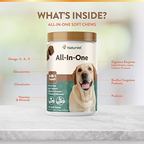 NaturVet All-in-One Dog Supplement - for Joint Support, Digestion, Skin, Coat Care – Dog Multivitamins with Minerals, Omega-3, 6, 9 – Wheat-Free Vitamins for Dogs – 13-Ounce Powder