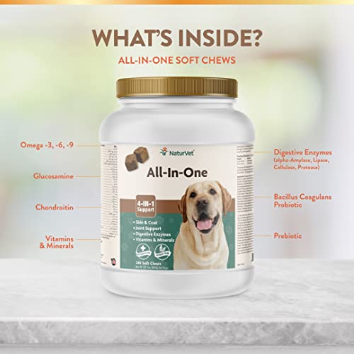 NaturVet All-in-One Dog Supplement - for Joint Support, Digestion, Skin, Coat Care – Dog Multivitamins with Minerals, Omega-3, 6, 9 – Wheat-Free Vitamins for Dogs – 13-Ounce Powder