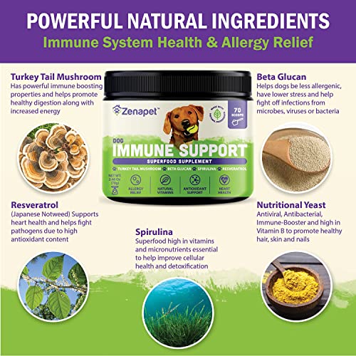 Allergy Immune Support Supplement for Dogs, Superfood 100% Human-Grade with Turkey Tail Mushroom, Prebiotics for Gut Health, Itchy Skin, Seasonal Allergies & Yeast - for Small to Large Breeds