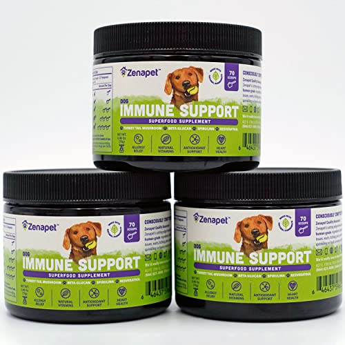 Allergy Immune Support Supplement for Dogs, Superfood 100% Human-Grade with Turkey Tail Mushroom, Prebiotics for Gut Health, Itchy Skin, Seasonal Allergies & Yeast - for Small to Large Breeds