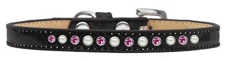 3/8" wide collar adorned with 1 row of pearls and rhinestones along with a rhinestone buckle.