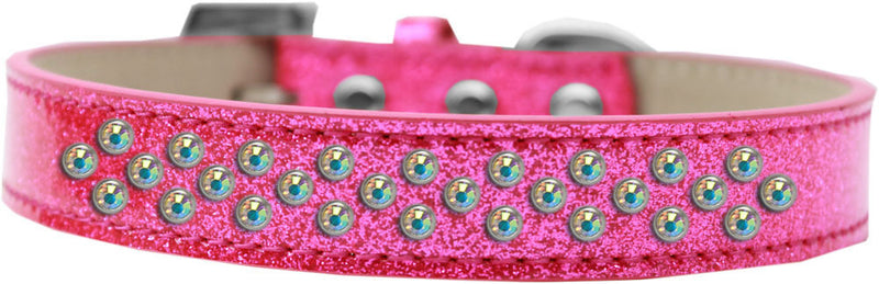 3/4" wide collar adorned with 2 sprinkled rows of rhinestones and a rhinestone buckle.