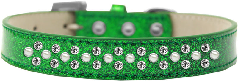 3/4" wide collar adorned with 2 sprinkled rows of rhinestones and a rhinestone buckle.