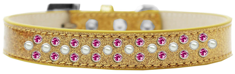 3/4" wide collar adorned with 2 sprinkled rows of rhinestones and a rhinestone buckle.