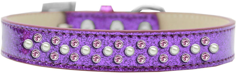 3/4" wide collar adorned with 2 sprinkled rows of rhinestones and a rhinestone buckle.