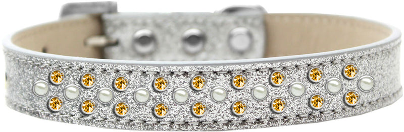 3/4" wide collar adorned with 2 sprinkled rows of rhinestones and a rhinestone buckle.