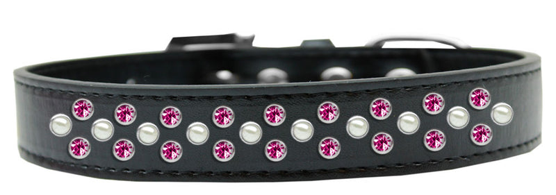 3/4" wide collar adorned with 2 sprinkled rows of rhinestones and a rhinestone buckle.