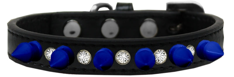 1/2" wide faux leather dog collar with one row of alternating clear crystals and spikes. There is a lot of bling and attitude packed into these collars!