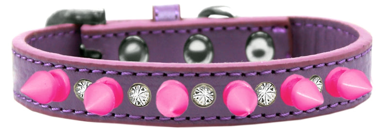 1/2" wide faux leather dog collar with one row of alternating clear crystals and spikes. There is a lot of bling and attitude packed into these collars!