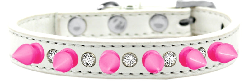 1/2" wide faux leather dog collar with one row of alternating clear crystals and spikes. There is a lot of bling and attitude packed into these collars!