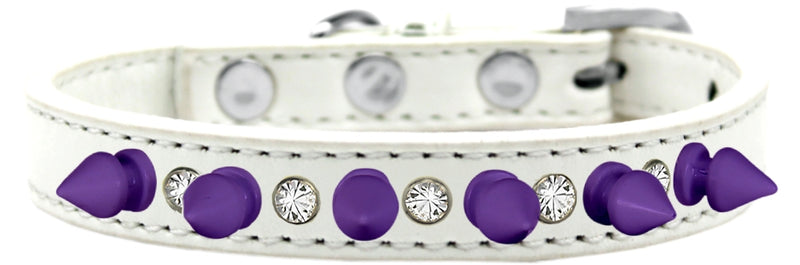 1/2" wide faux leather dog collar with one row of alternating clear crystals and spikes. There is a lot of bling and attitude packed into these collars!