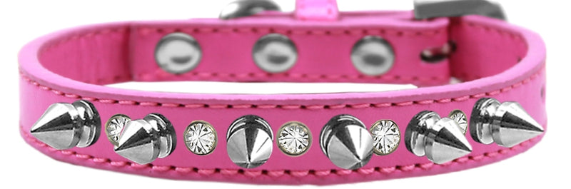 1/2" wide faux leather dog collar with one row of alternating clear crystals and spikes. There is a lot of bling and attitude packed into these collars!