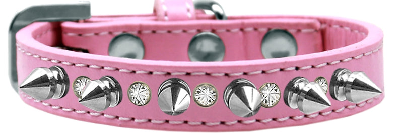 1/2" wide faux leather dog collar with one row of alternating clear crystals and spikes. There is a lot of bling and attitude packed into these collars!