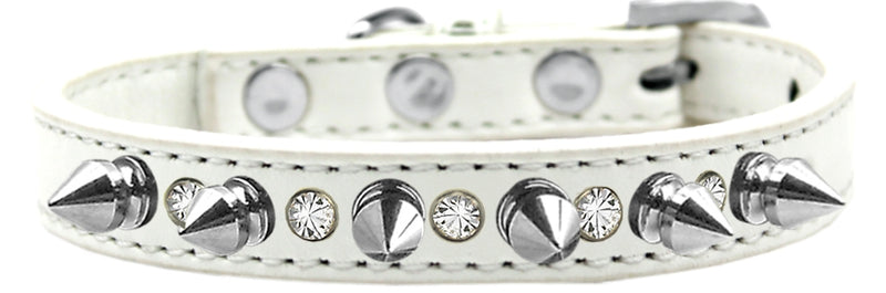 1/2" wide faux leather dog collar with one row of alternating clear crystals and spikes. There is a lot of bling and attitude packed into these collars!