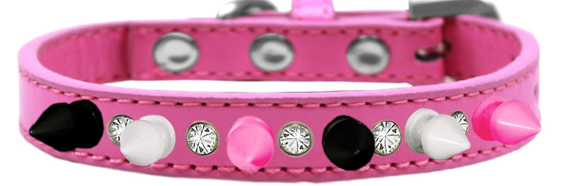 1/2" wide faux leather dog collar with one row of alternating clear crystals and spikes. There is a lot of bling and attitude packed into these collars!