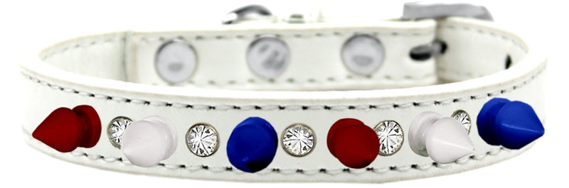 1/2" wide faux leather dog collar with one row of alternating clear crystals and spikes. There is a lot of bling and attitude packed into these collars!