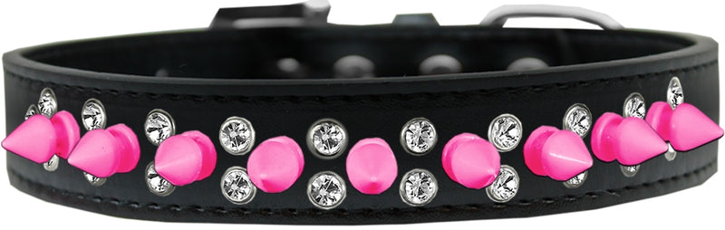 3/4" wide faux leather dog collar with alternating clear crystals and spikes. There is a lot of bling and attitude packed into these collars!