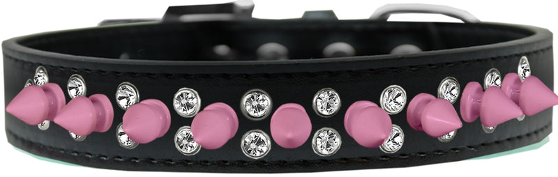 3/4" wide faux leather dog collar with alternating clear crystals and spikes. There is a lot of bling and attitude packed into these collars!