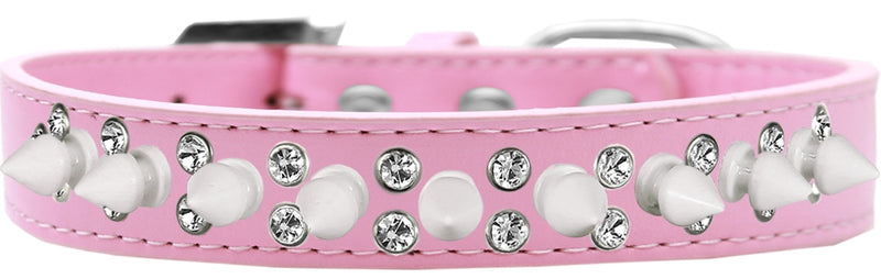 3/4" wide faux leather dog collar with alternating clear crystals and spikes. There is a lot of bling and attitude packed into these collars!