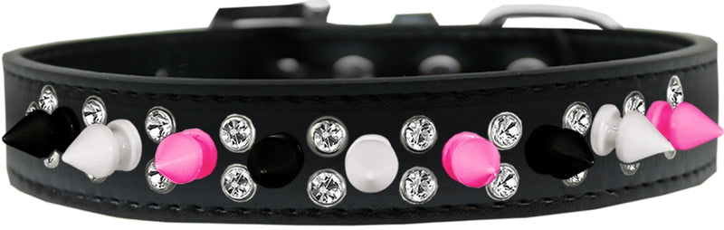 3/4" wide faux leather dog collar with alternating clear crystals and spikes. There is a lot of bling and attitude packed into these collars!