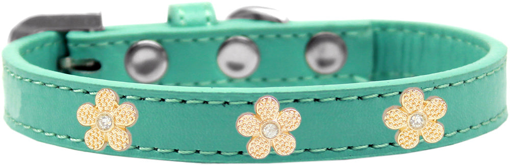 1/2" wide dog collar with cute flower charm securely riveted onto the collar for a fun look on a high quality, faux leather collar.