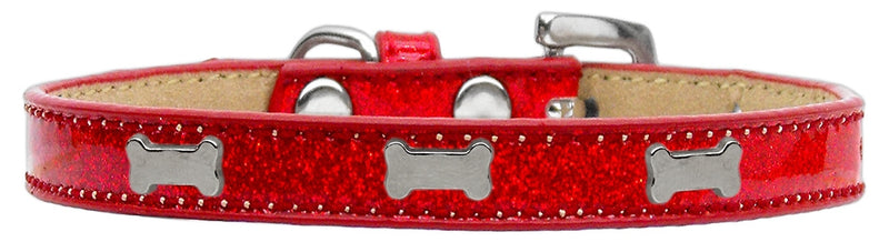 1/2" wide dog collar with a bone charm securely riveted onto the collar for a fun look on a high quality, faux leather collar.