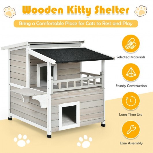 2-Story Wooden Patio Luxurious Cat Shelter House Condo with Large Balcony